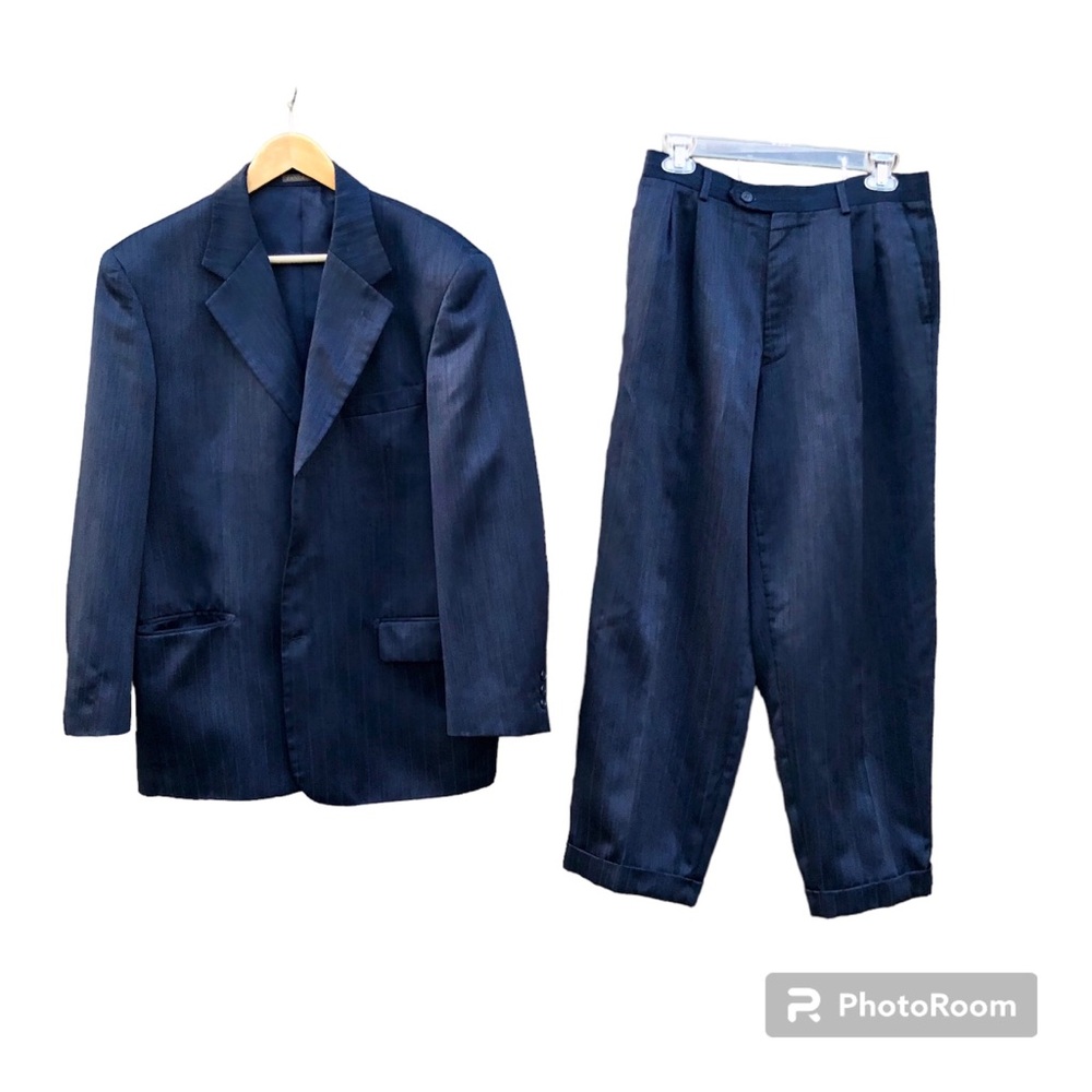 Zandello Suit Two Piece Blue Pin Striped Polyester Sz. 40S